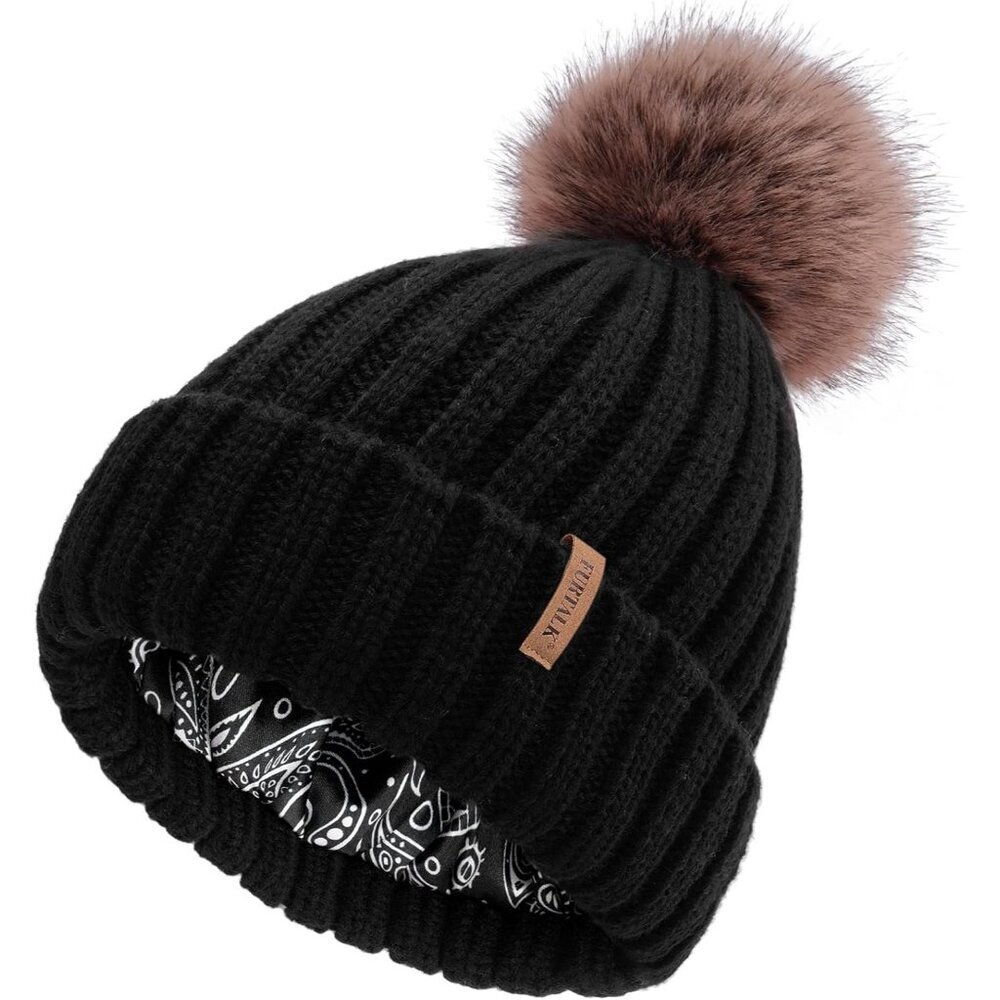 Women's Black Winter Beanie Hat Satin Lined Faux Fur Pom Pom Beanies Hat